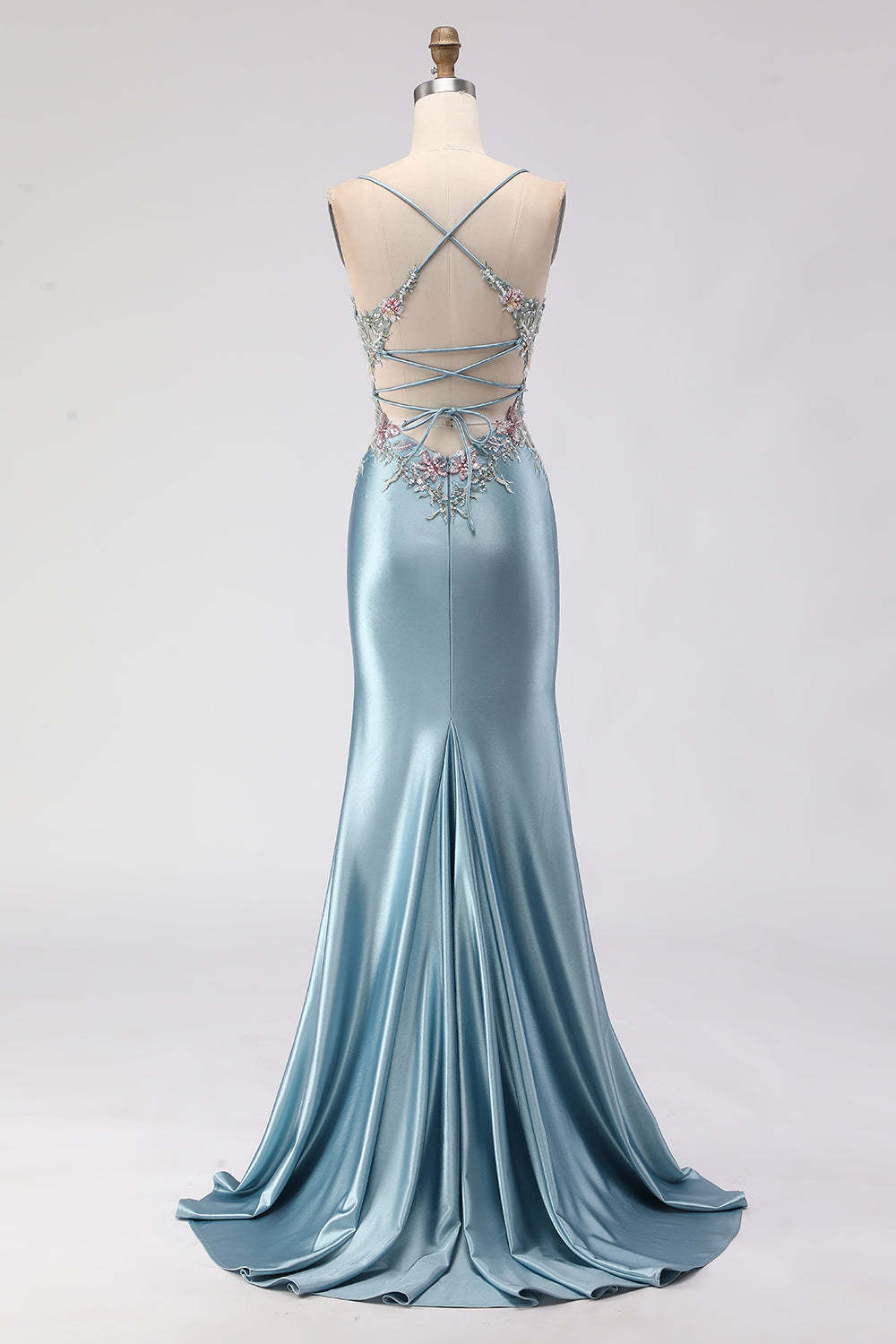 Floral Grey Blue Spaghetti Straps Mermaid Long Corset Prom Dress with Slit