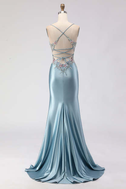 Floral Grey Blue Spaghetti Straps Mermaid Long Corset Prom Dress with Slit