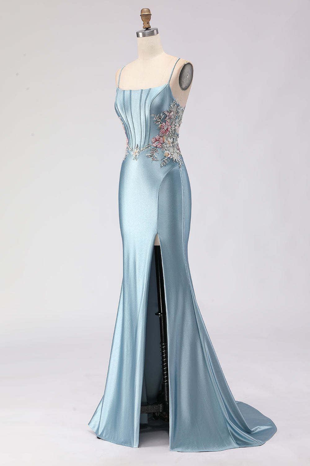 Floral Grey Blue Spaghetti Straps Mermaid Long Corset Prom Dress with Slit