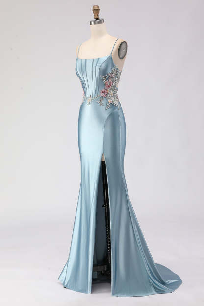 Floral Grey Blue Spaghetti Straps Mermaid Long Corset Prom Dress with Slit