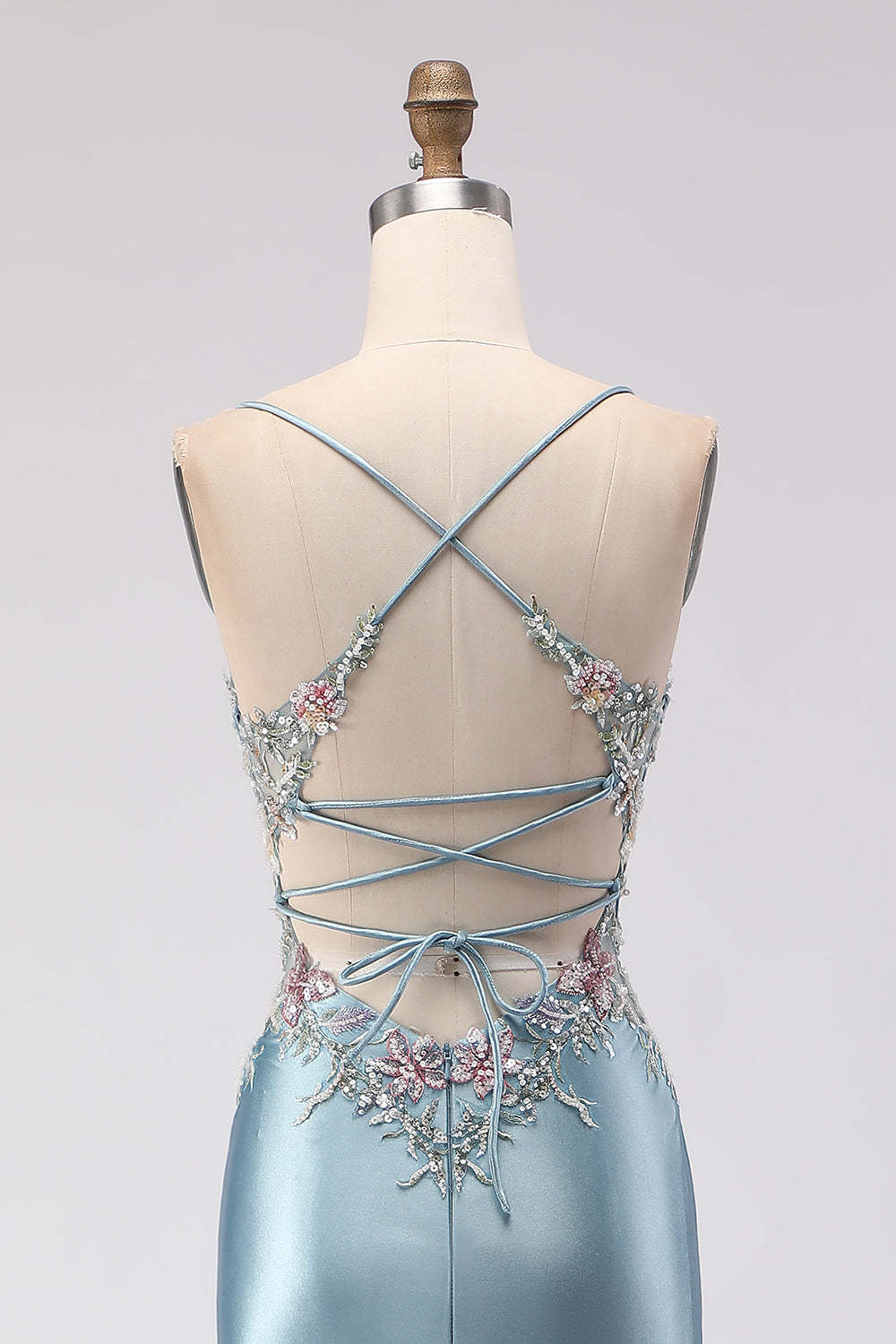 Floral Grey Blue Spaghetti Straps Mermaid Long Corset Prom Dress with Slit