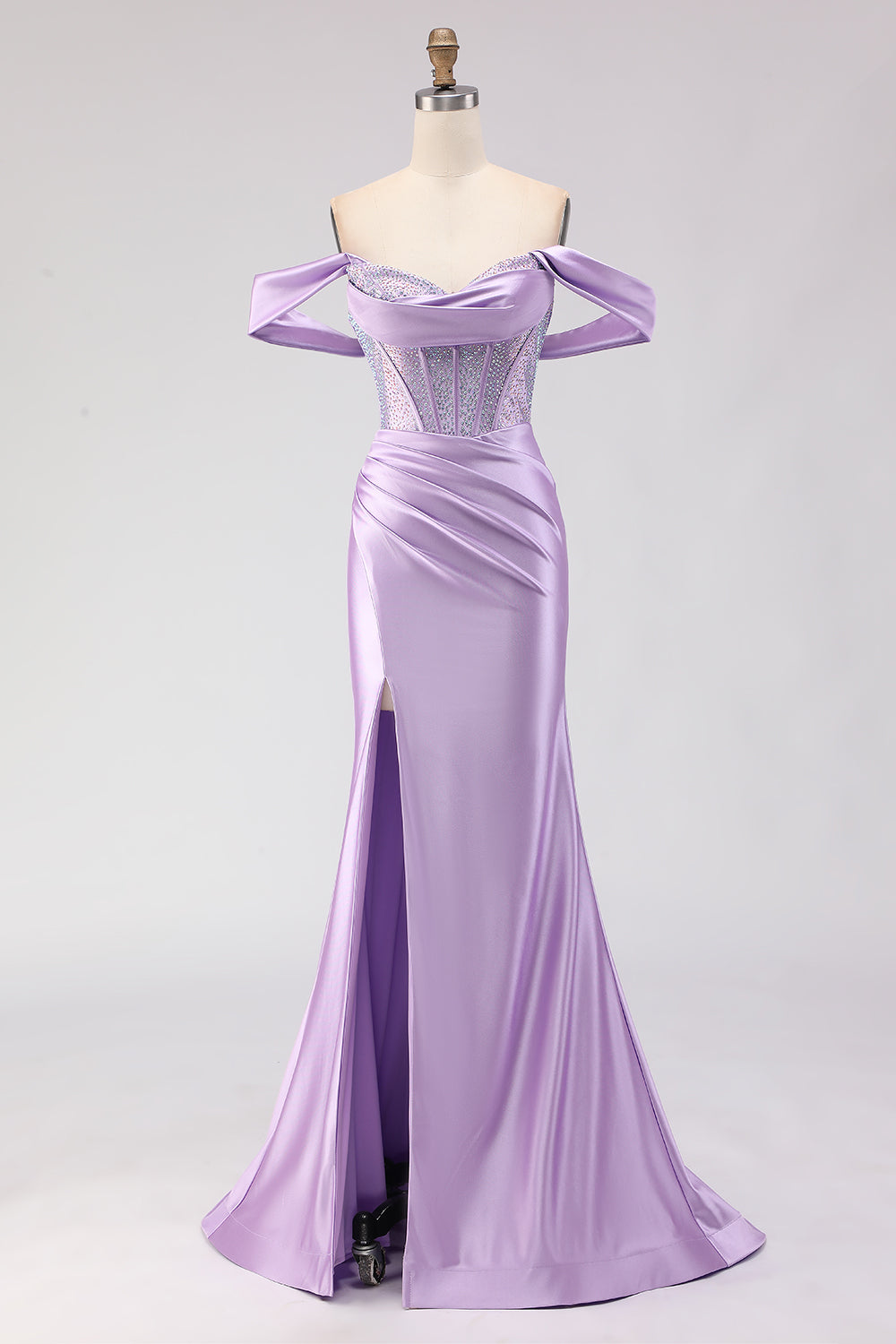 Leely Women Sparkly Purple Beaded Corset Maxi Prom Dress with Slit Mermaid Satin Off the Shoulder Ruched Lace Up Back Gala Dress