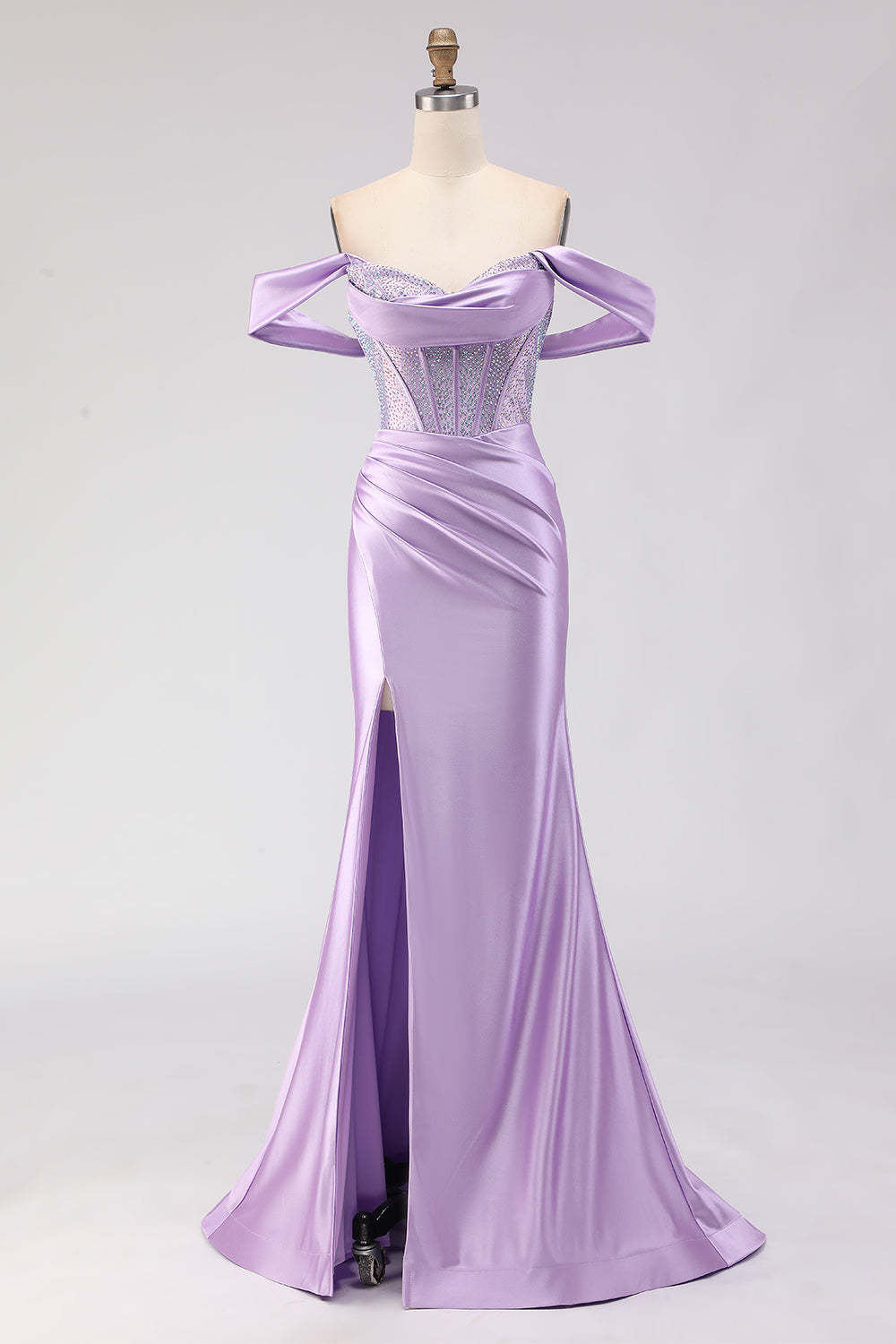 Leely Women Sparkly Purple Beaded Corset Maxi Prom Dress with Slit Mermaid Satin Off the Shoulder Ruched Lace Up Back Gala Dress