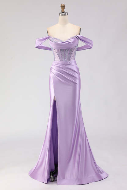 Leely Women Sparkly Purple Beaded Corset Maxi Prom Dress with Slit Mermaid Satin Off the Shoulder Ruched Lace Up Back Gala Dress