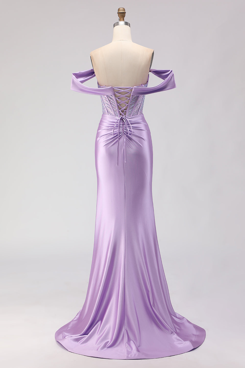 Sparkly Purple Off the Shoulder Beaded Long Corset Prom Dress with Slit