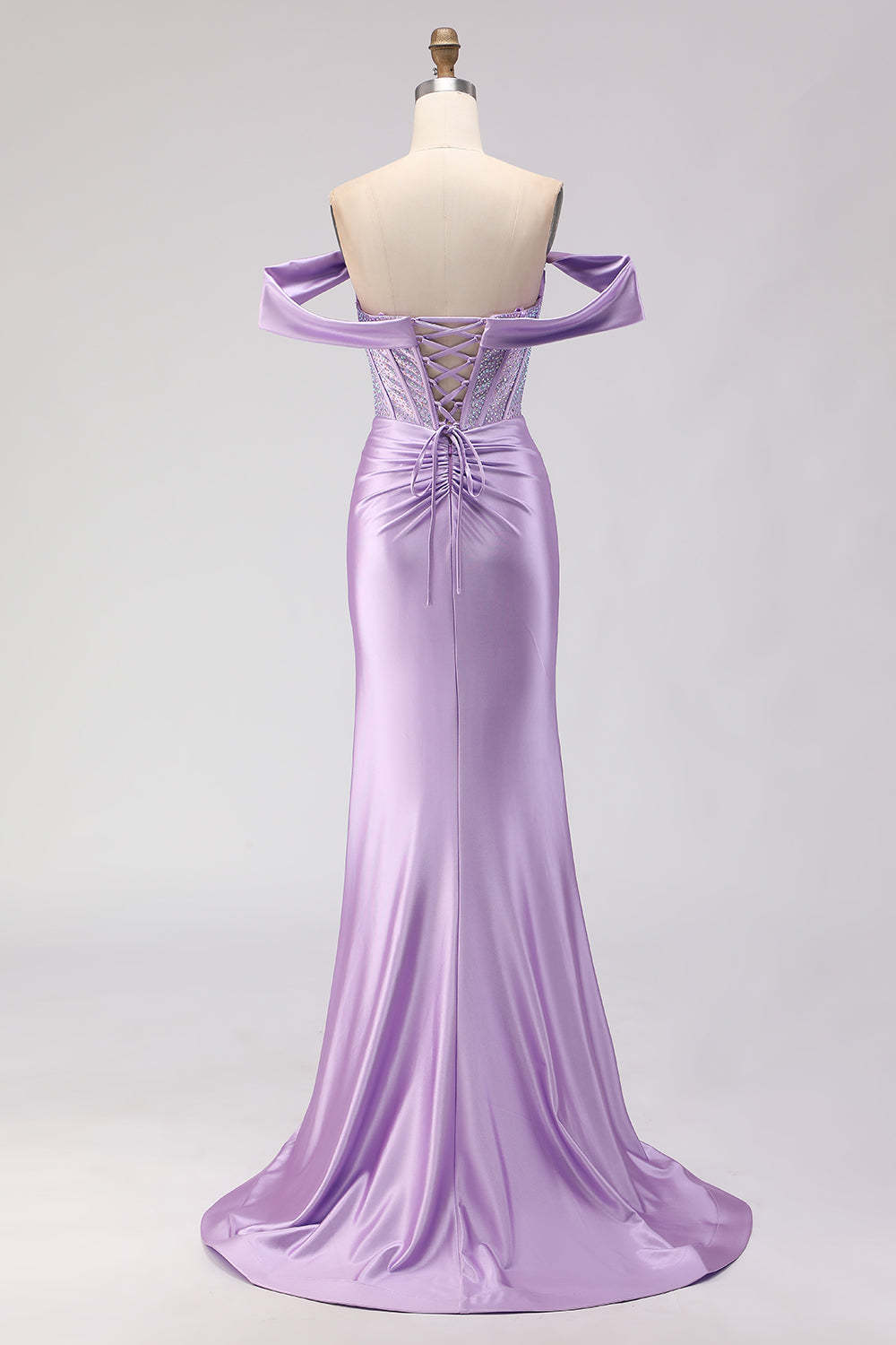 Sparkly Purple Off the Shoulder Beaded Long Corset Prom Dress with Slit