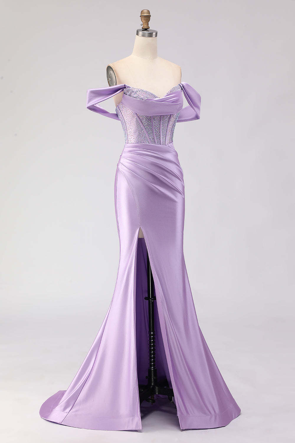 Sparkly Purple Off the Shoulder Beaded Long Corset Prom Dress with Slit