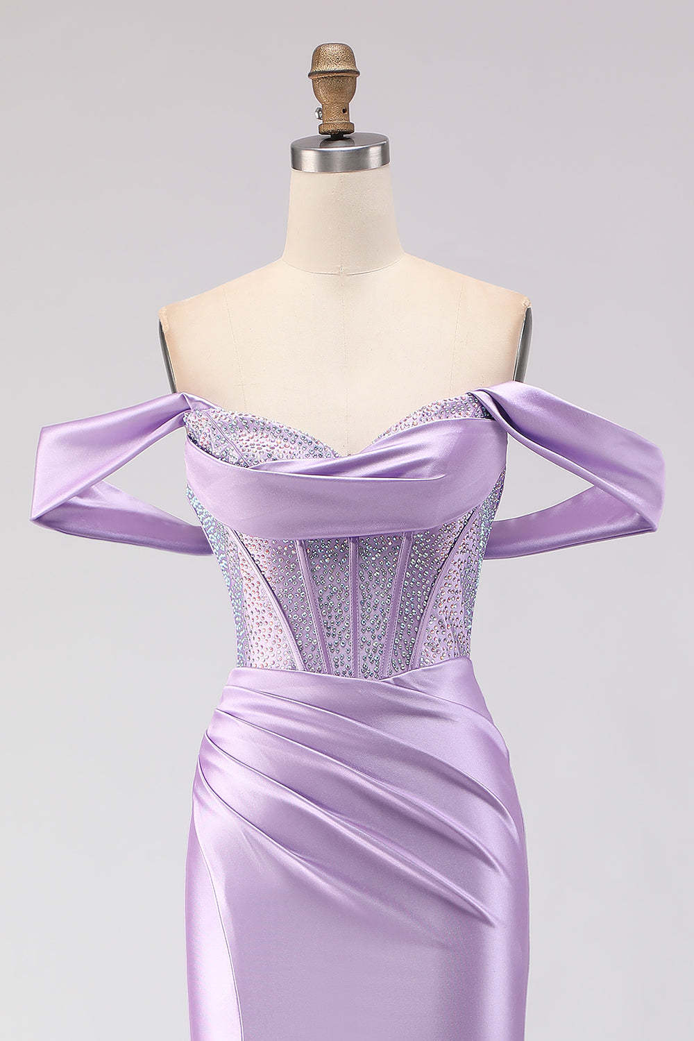 Sparkly Purple Off the Shoulder Beaded Long Corset Prom Dress with Slit