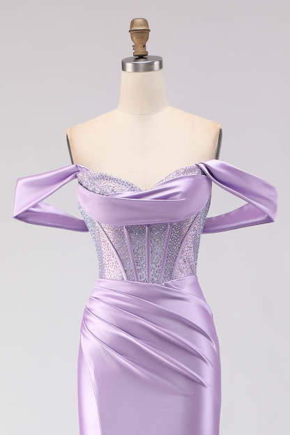 Sparkly Purple Off the Shoulder Beaded Long Corset Prom Dress with Slit