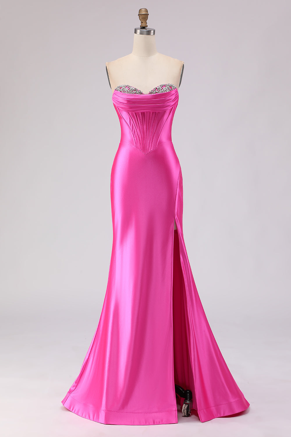 Leely Women Sparkly Fuchsia Beaded Maxi Corset Prom Dress with Slit Mermaid Satin Sweetheart Strapless Lace Up Back Gala Dress