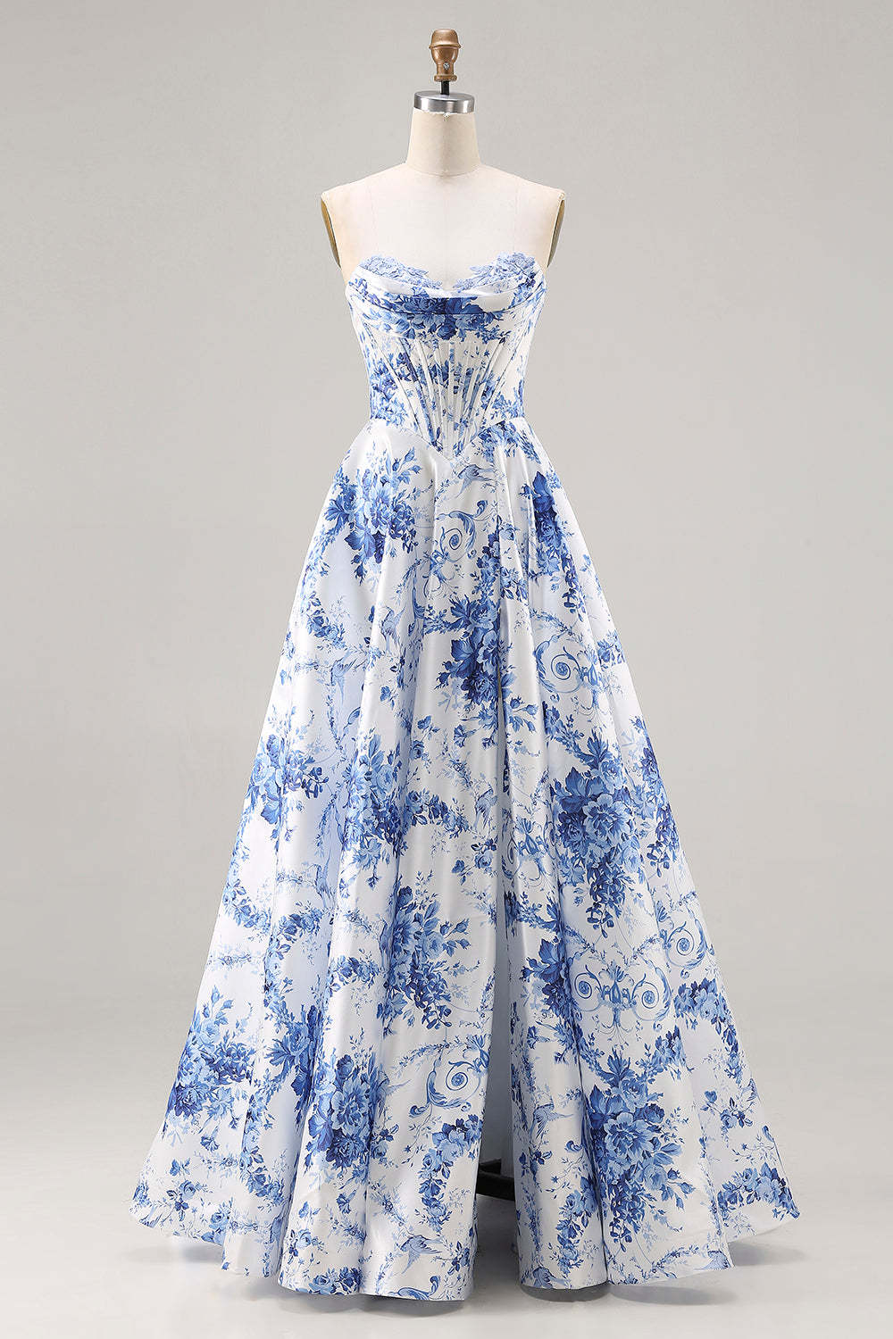 Leely Women Floral Blue Strapless Maxi Corset Prom Dress with Slit A Line Lace Up Back Pageant Dress