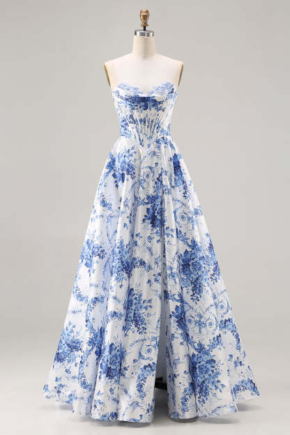 Leely Women Floral Blue Strapless Maxi Corset Prom Dress with Slit A Line Lace Up Back Pageant Dress