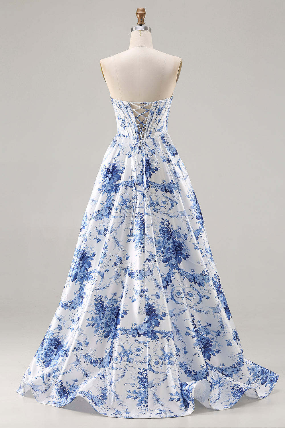 Floral Blue Strapless A Line Long Corset Prom Dress with Slit