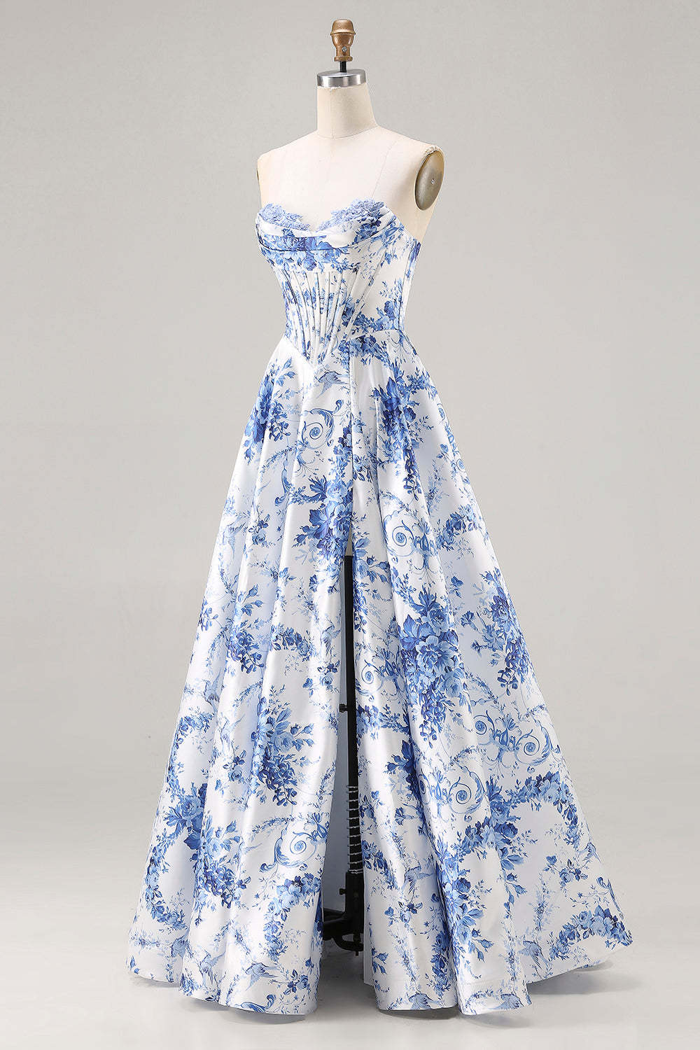 Floral Blue Strapless A Line Long Corset Prom Dress with Slit