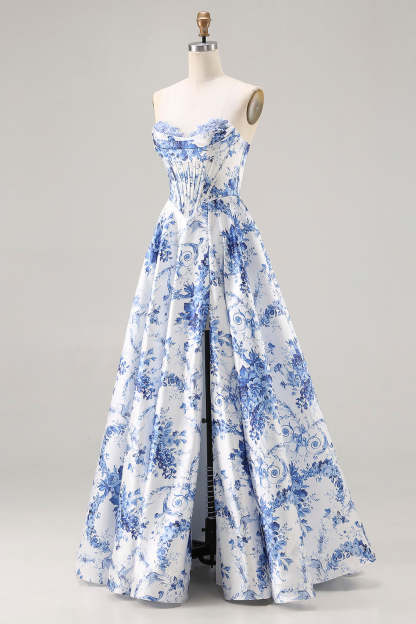 Floral Blue Strapless A Line Long Corset Prom Dress with Slit
