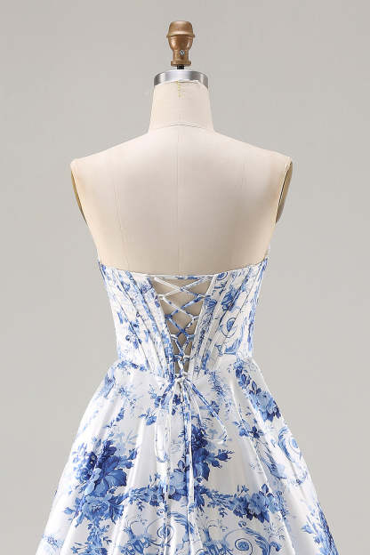 Floral Blue Strapless A Line Long Corset Prom Dress with Slit