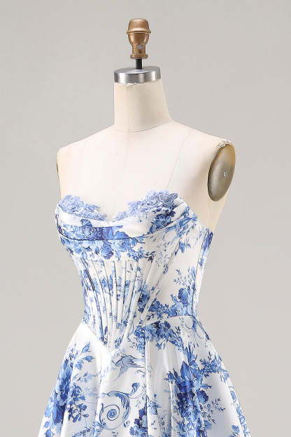 Floral Blue Strapless A Line Long Corset Prom Dress with Slit