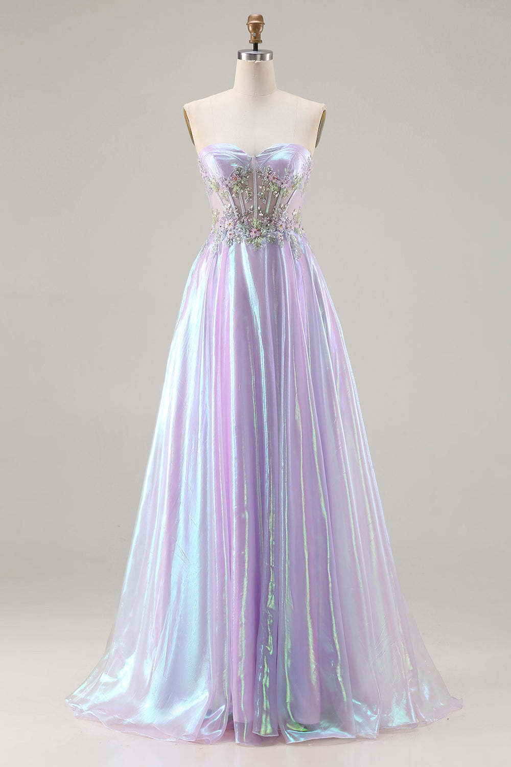 Leely Women Sparkly Purple Floral Appliqued Maxi Corset Prom Dress with Beading Sweetheart Strapless A Line Lace Up Back Pageant Dress