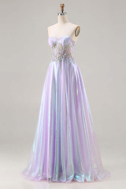 Sparkly Purple A Line Sweetheart Long Corset Prom Dress with Appliques