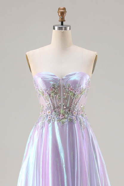 Sparkly Purple A Line Sweetheart Long Corset Prom Dress with Appliques