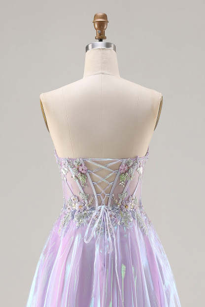 Sparkly Purple A Line Sweetheart Long Corset Prom Dress with Appliques