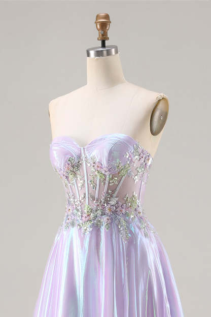 Sparkly Purple A Line Sweetheart Long Corset Prom Dress with Appliques