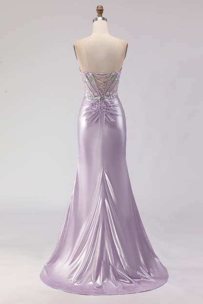 Sparkly Light Purple Corset Floral Mermaid Long Prom Dress with Beading