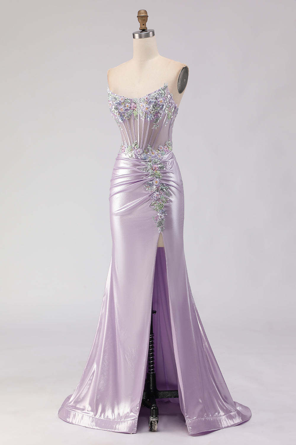 Sparkly Light Purple Corset Floral Mermaid Long Prom Dress with Beading
