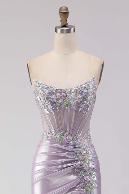 Sparkly Light Purple Corset Floral Mermaid Long Prom Dress with Beading