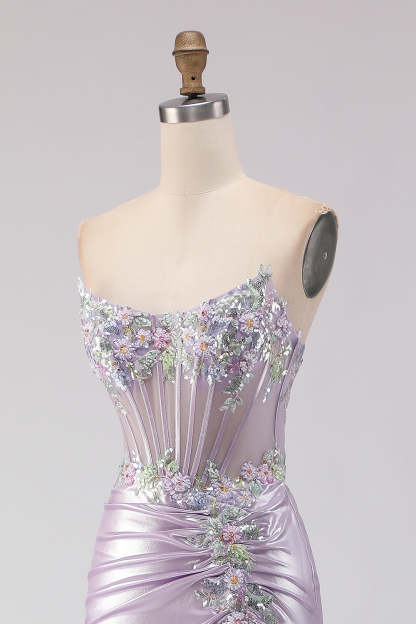 Sparkly Light Purple Corset Floral Mermaid Long Prom Dress with Beading