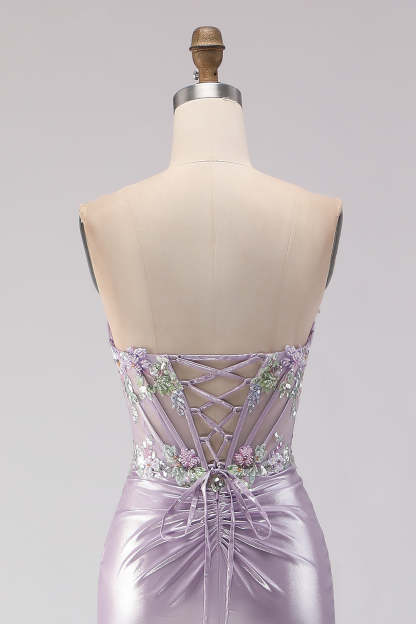 Sparkly Light Purple Corset Floral Mermaid Long Prom Dress with Beading