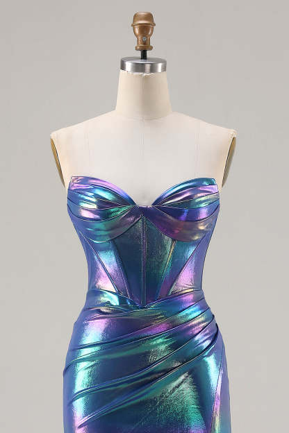 Sparkly Navy Sweetheart Mermaid Long Corset Prom Dress with Slit