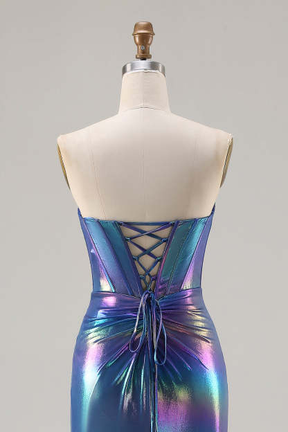 Sparkly Navy Sweetheart Mermaid Long Corset Prom Dress with Slit