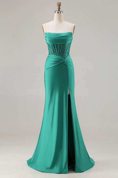 Leely Women Sparkly Dark Green Strapless Maxi Corset Prom Dress with Beading Satin Mermaid Ruched Gala Dress with Slit