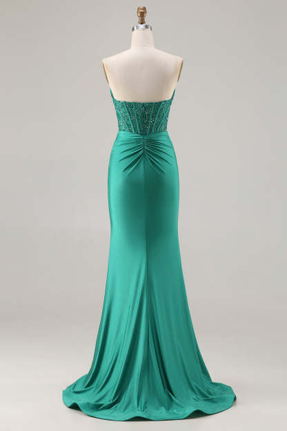 Sparkly Dark Green Strapless Mermaid Long Corset Prom Dress with Beading
