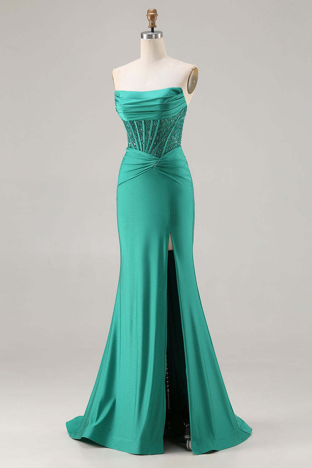 Sparkly Dark Green Strapless Mermaid Long Corset Prom Dress with Beading