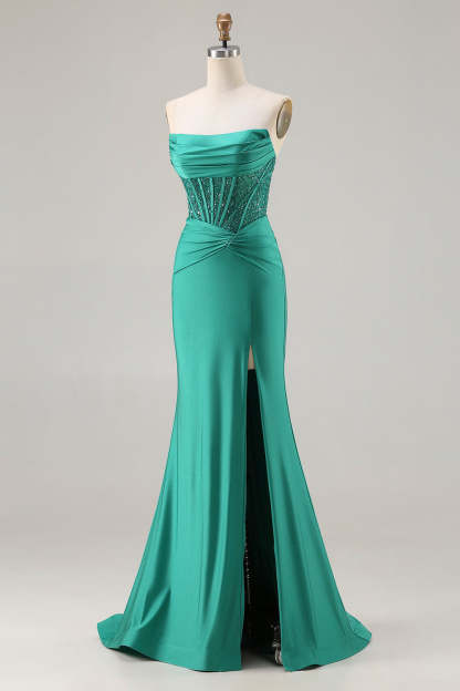 Sparkly Dark Green Strapless Mermaid Long Corset Prom Dress with Beading