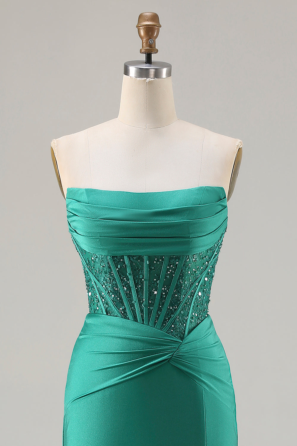 Sparkly Dark Green Strapless Mermaid Long Corset Prom Dress with Beading