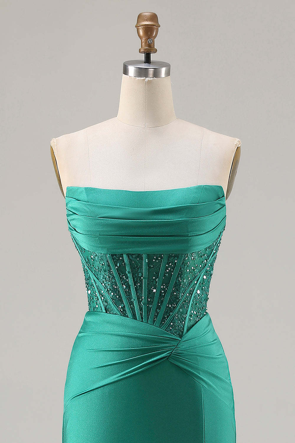 Sparkly Dark Green Strapless Mermaid Long Corset Prom Dress with Beading