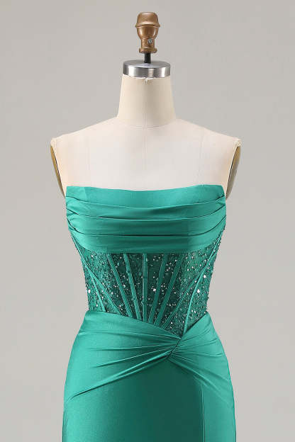 Sparkly Dark Green Strapless Mermaid Long Corset Prom Dress with Beading