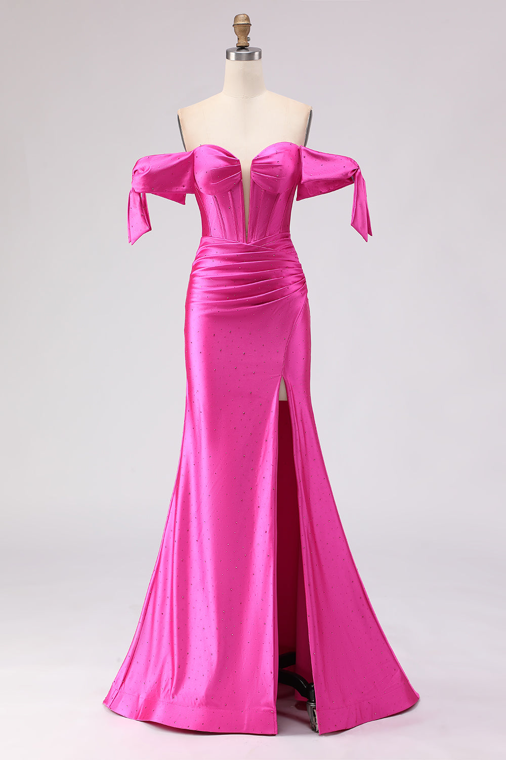 Leely Women Sparkly Fuchsia Mermaid Maxi Corset Prom Dress with Slit Beaded Satin Off the Shoulder Lace Up Back Ruched Gala Dress with Bows
