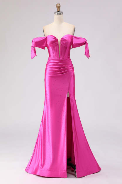 Leely Women Sparkly Fuchsia Mermaid Maxi Corset Prom Dress with Slit Beaded Satin Off the Shoulder Lace Up Back Ruched Gala Dress with Bows