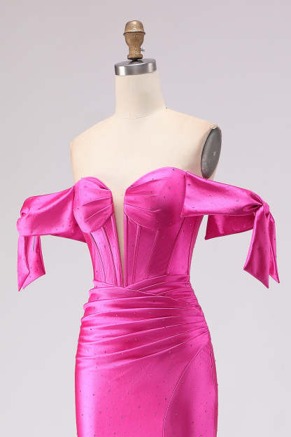 Sparkly Fuchsia Mermaid Beaded Long Corset Prom Dress with Slit