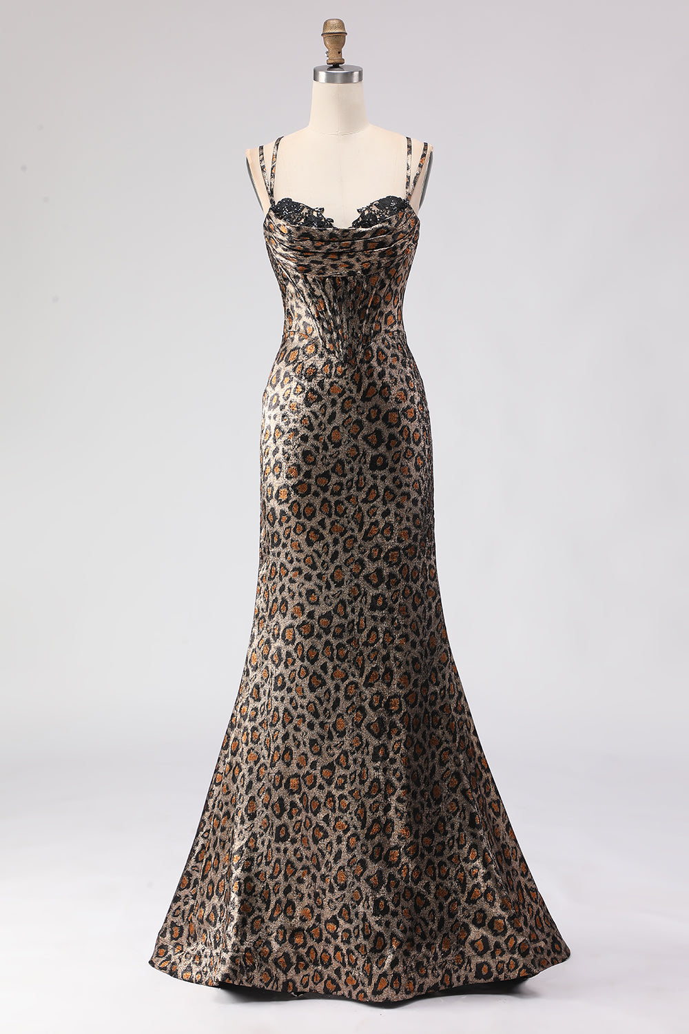 Leely Women Sparkly Khaki Leopard Print Maxi Corset Prom Dress with Beading Mermaid Spaghetti Straps Lace Up Back Gala Dress