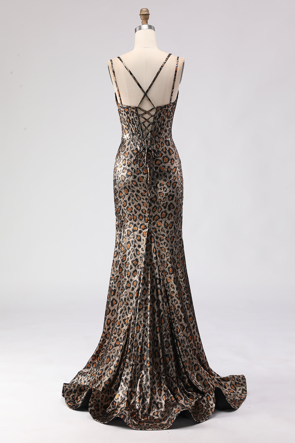 Sparkly Khaki Mermaid Leopard Print Long Corset Prom Dress with Beading
