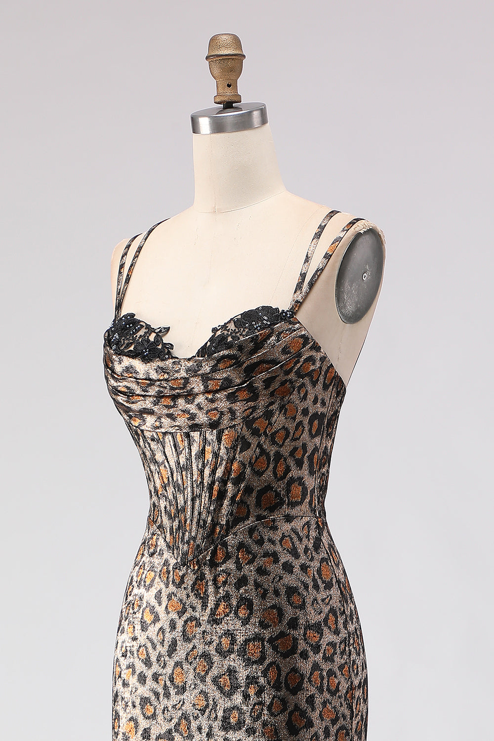 Sparkly Khaki Mermaid Leopard Print Long Corset Prom Dress with Beading