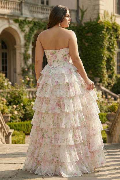 Floral Pink Tiered Plus Size Ruffled A Line Long Corset Prom Dress with Slit