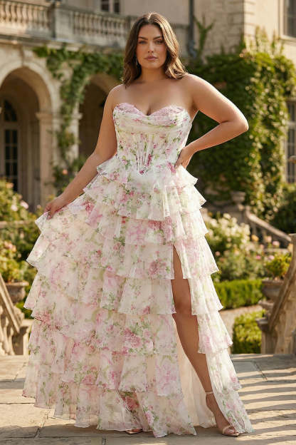 Floral Pink Tiered Plus Size Ruffled A Line Long Corset Prom Dress with Slit