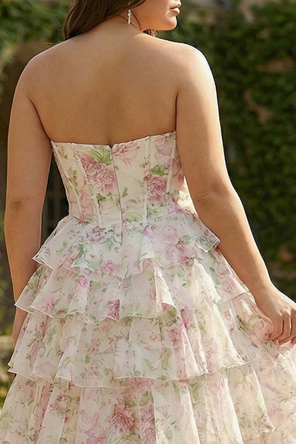 Floral Pink Tiered Plus Size Ruffled A Line Long Corset Prom Dress with Slit