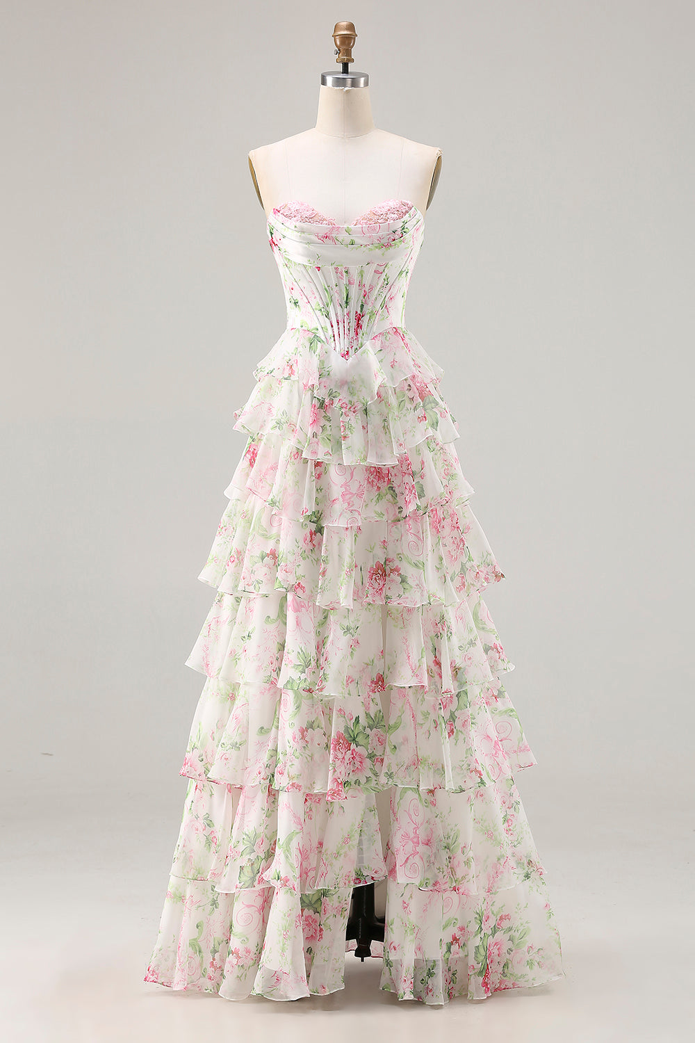 Floral Pink Tiered Plus Size Ruffled A Line Long Corset Prom Dress with Slit